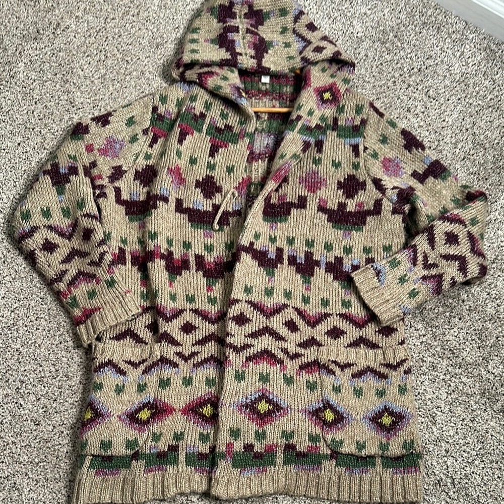 J Jill Lenox topper Aztec Lenox Hooded Sweatercardigan sz L beige burgundy wool - Picture 10 of 11